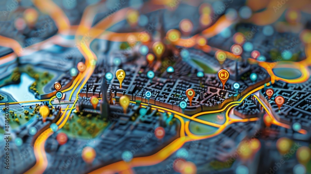 Fototapeta premium A digital map of Paris with colorful dots representing strong and medium signal strength, alongside icons indicating the location of fast studios. Generative AI.