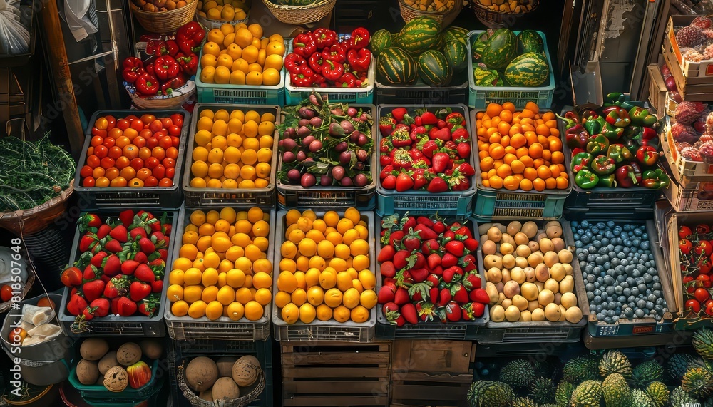 Vibrant and colorful fruit display at a market with various fresh produce, including tomatoes, oranges, peppers, and more in wooden crates.