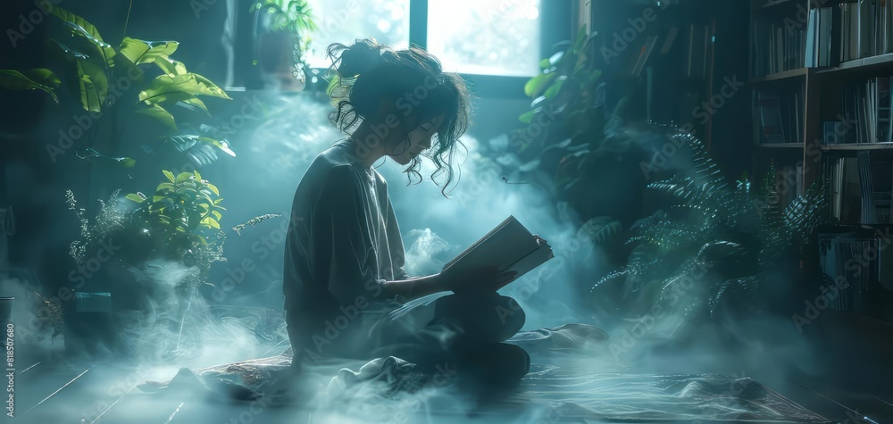 Woman reading book in mystical, foggy room surrounded by plants, dreamy atmosphere with natural light and a serene, tranquil feel. Woman reading book in mystical, foggy room surrounded by plants, dreamy atmosphere with natural light and a serene, tranquil feel.