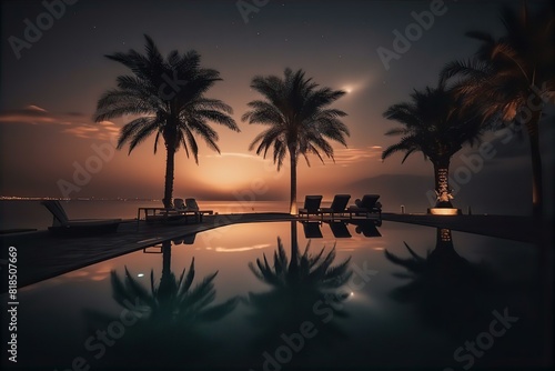 pool  palms  chairs  infinity  swimming  near  relaxation  luxury  vacation  resort  tropical  blue  water  relaxing  leisure