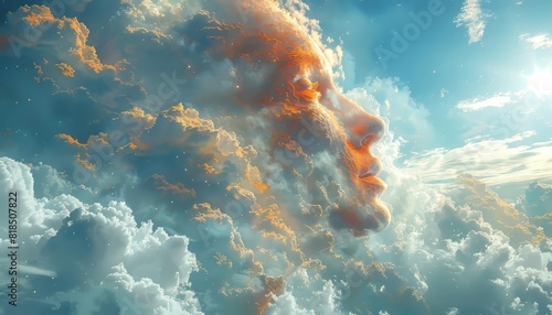 Abstract digital art of a human face integrated into clouds in the sky, creating a surreal and dreamlike scene with soft, ethereal lighting.