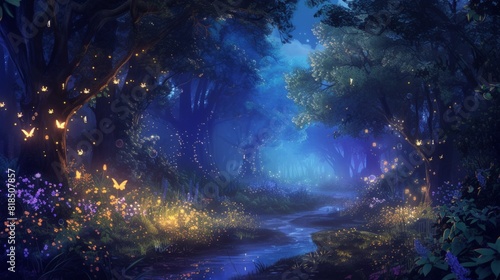 Imaginary scenery of a mystical night in an enchanted forest. AI-generated digital artwork suitable for backgrounds or wallpapers with a fairy tale theme