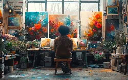 Artist painting colorful floral artwork in a cozy studio surrounded by plants and paintings, illuminated by natural light from a large window. © Narongsak