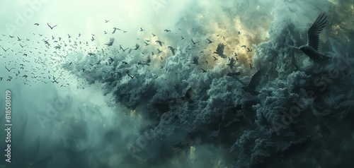 Dramatic surreal scene of birds fleeing from a massive dark cloud, symbolizing chaos and disorder. Perfect for conceptual and abstract themes.