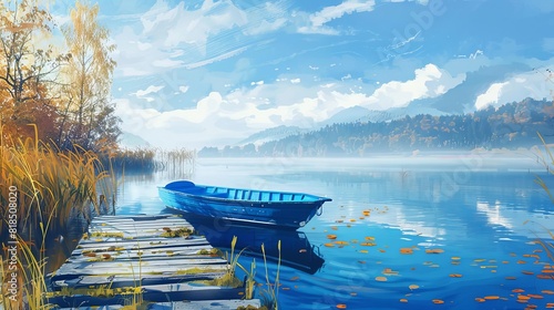 vibrant blue pontoon boat floating on tranquil lake serene lakeside landscape digital painting photo