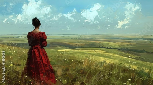 pioneer woman in red dress overlooking prairie historical americana landscape digital painting