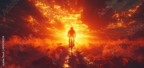 Silhouette of a person walking towards a vibrant, fiery sunset sky with dramatic clouds and reflections, evoking a sense of awe and adventure.