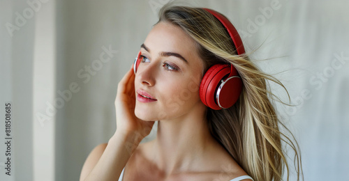 Young, beautiful blonde woman with long, tousled, flyaway hair, listening to music on bright red headphones. photo