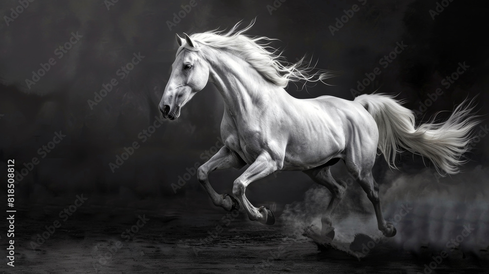 A graceful white horse strong clearly muscular on a black abstract background..
