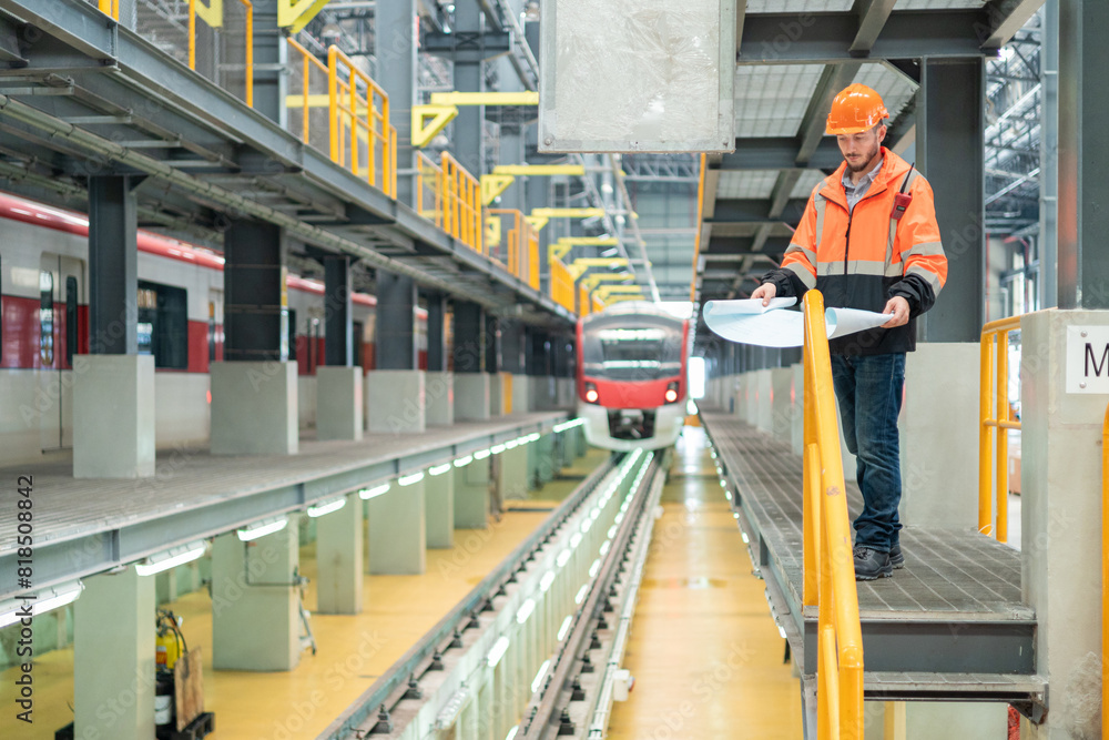 Engineer Reviewing Blueprints in Train Workshop Engineer Reviewing Blueprints in Train Workshop