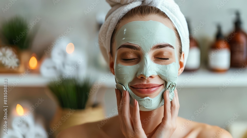 Model applying a face mask with a pampering and relaxing setting Model applying a face mask with a pampering and relaxing setting