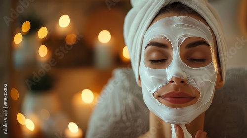 Model applying a face mask with a pampering and relaxing setting photo