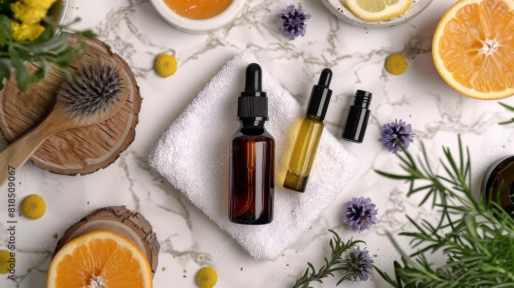 Skincare routine flat lay with stepbystep product arrangement Skincare routine flat lay with stepbystep product arrangement