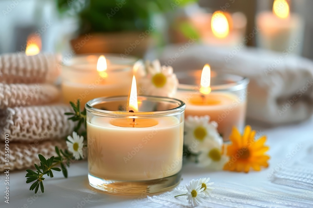 Aromatherapy candles and skincare products creating a calming mood Aromatherapy candles and skincare products creating a calming mood