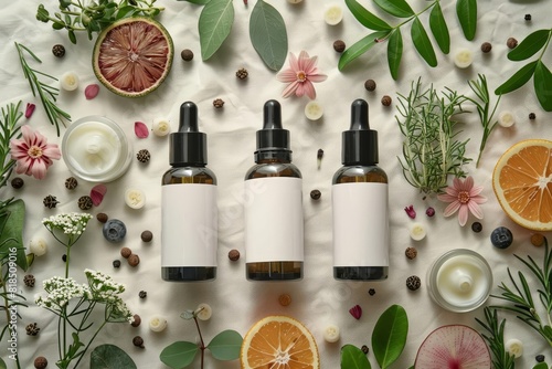 Natural skincare products arranged with fresh and organic elements