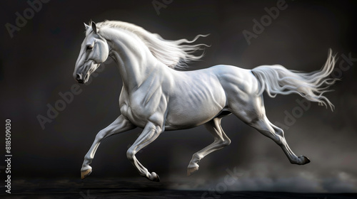 A graceful white horse strong clearly muscular on a black abstract background..