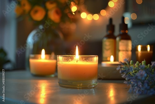 Aromatherapy candles and skincare products creating a calming mood