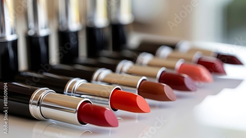 Bold and vibrant shot of lipsticks in various shades on a white surface photo