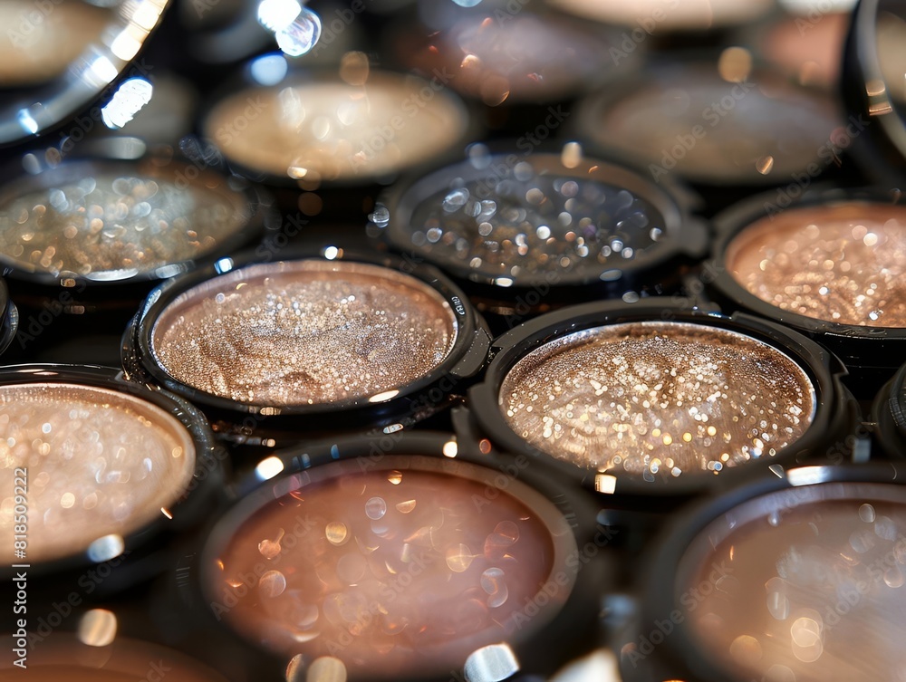 Detailed closeup of shimmering eyeshadow palettes with soft lighting Detailed closeup of shimmering eyeshadow palettes with soft lighting