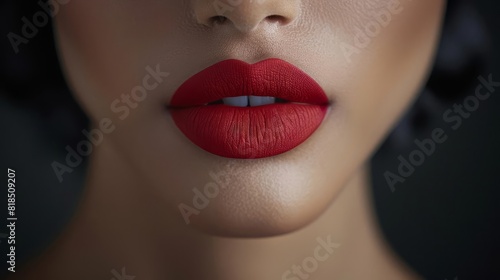 Detailed closeup of a model s lips with a bold lipstick color photo