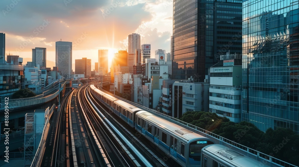 elevated train gliding through modern metropolis capturing urban dynamism and connectivity panoramic cityscape