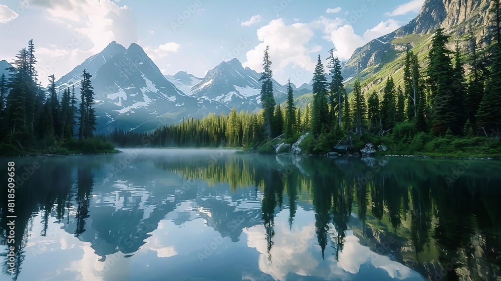 tranquil mountain lake reflecting majestic peaks and lush forest landscape photography