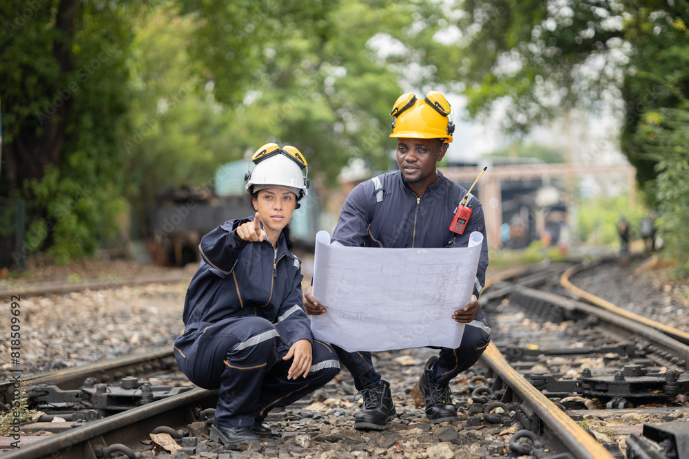 Railway Workers Discussing Plans on Railroad Track Railway Workers Discussing Plans on Railroad Track