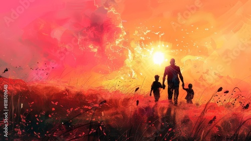 silhouette of black family walking in vibrant pink sunset field digital painting