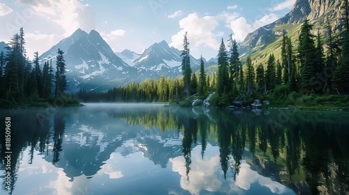 tranquil mountain lake reflecting majestic peaks and lush forest landscape photography