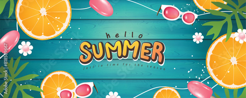 Colorful Summer banner background with Beach Accessories On Blue Plank - Summer Holiday Banner