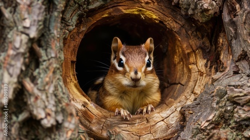 adorable chipmunk peeking out of a cozy tree hollow wildlife photography