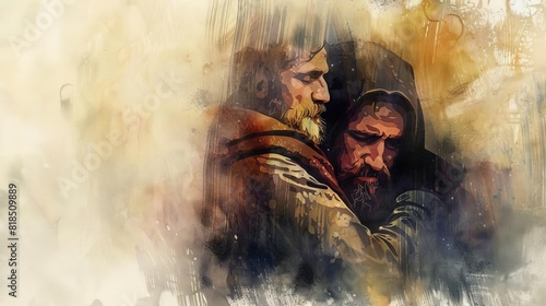 the return of the prodigal son parable father embracing repentant son digital watercolor painting photo