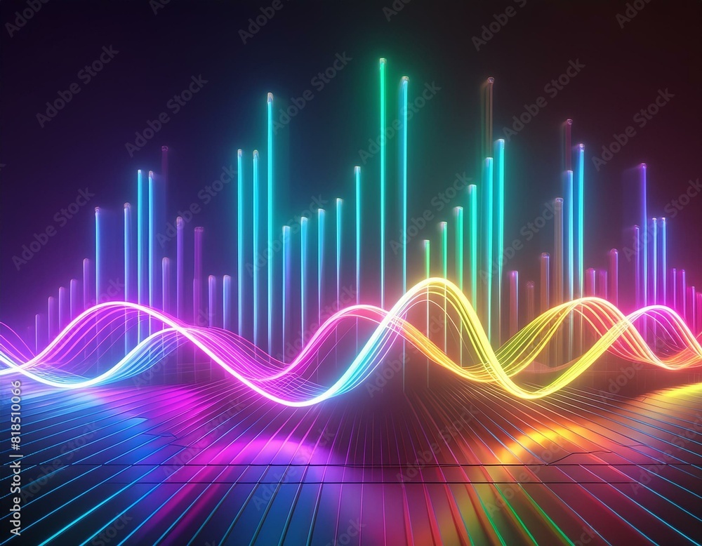 Colorful bright neon glowing graphic equalizer. Ultraviolet signal spectrum, laser show, energy, sound vibrations and waves. 3d illustration Colorful bright neon glowing graphic equalizer. Ultraviolet signal spectrum, laser show, energy, sound vibrations and waves. 3d illustration
