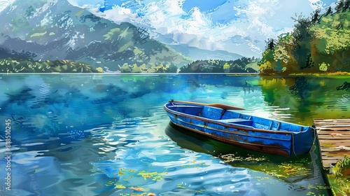 vibrant blue pontoon boat floating on tranquil lake serene lakeside landscape digital painting photo