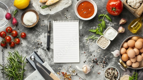 A kitchen countertop with assorted ingredients laid out for meal preparation, alongside a notepad and pen for jotting down personalized nutrition plan recommendations, with blank space on the notepad photo