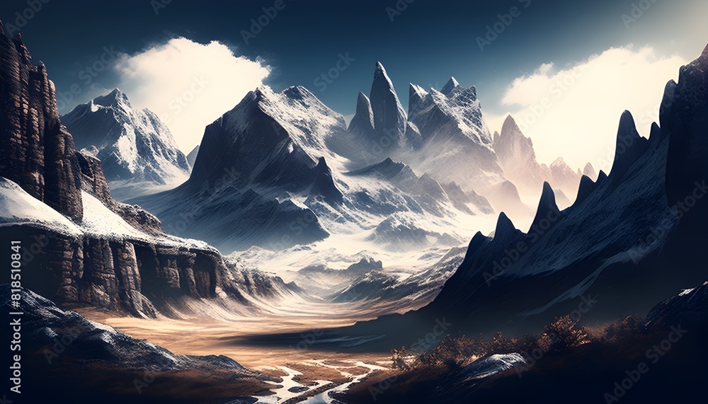 Cinematic View of Majestic SnowCapped Peaks in a Serene Wilderness Landscape