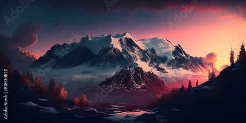 Majestic SnowCapped Mountain Range at Vibrant Cinematic Sunset Telephoto Capturing Intricate Textures photo