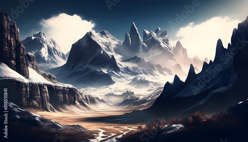 Cinematic View of Majestic SnowCapped Peaks in a Serene Wilderness Landscape © Zqqx