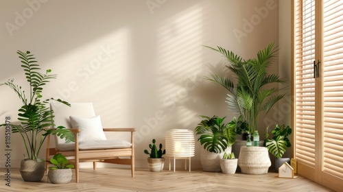 A cozy corner of a living room transformed into a wellness nook with indoor plants, a comfortable chair, and essential oil diffusers, featuring blank space for text or graphics