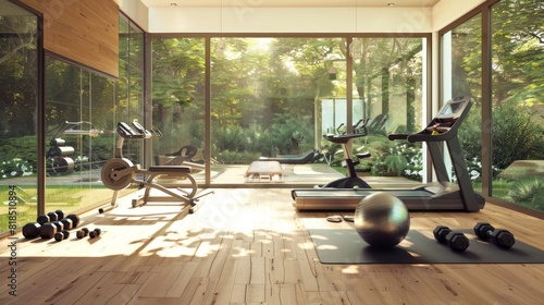 A modern home gym setup with sleek fitness equipment, large windows allowing natural light, and a clean, uncluttered space, leaving room for copy space