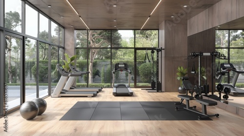 A modern home gym setup with sleek fitness equipment, large windows allowing natural light, and a clean, uncluttered space, leaving room for copy space
