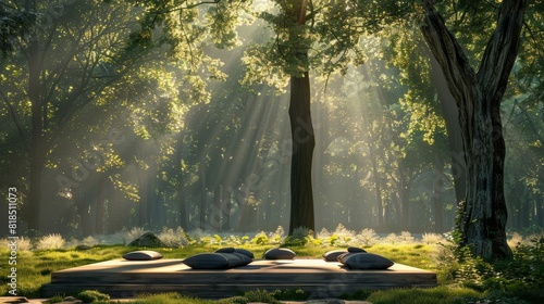 A tranquil forest clearing with soft sunlight filtering through the trees, featuring a yoga platform and cushions for meditation, ideal for advertising mindfulness retreats with blank space for text photo