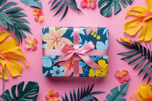 Gift boxes with tropical print and ribbons