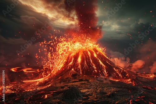 Erupting Volcano Spewing Lava and Ash photo