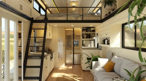 Cozy tiny house interior with loft bed and modern amenities with a loft bed, compact kitchen, and living space