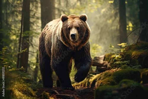 A majestic brown bear stands alert in a misty forest, radiating power and wildness