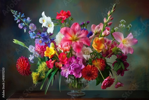 Arrangement flowers in bright vivid colors.