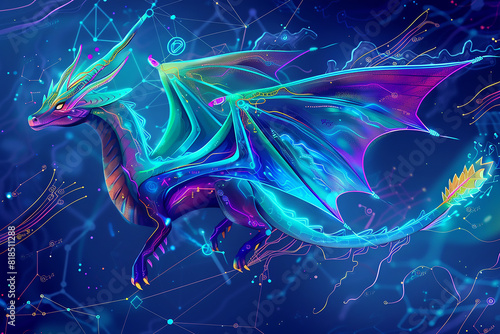 A mystical dragon with vibrant neon wings, soaring through a dark blue background with interconnected circuits, lines, and nodes that represent a neural network.