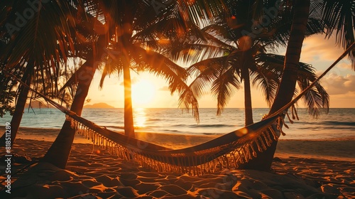 Relaxing hammock on a tropical beach with palm trees and a beautiful sunset.