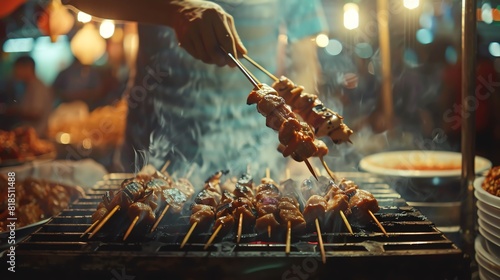A street food vendor grills satay over an open flame photo